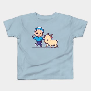 Cute Moslem Boy With Goat Cartoon Kids T-Shirt